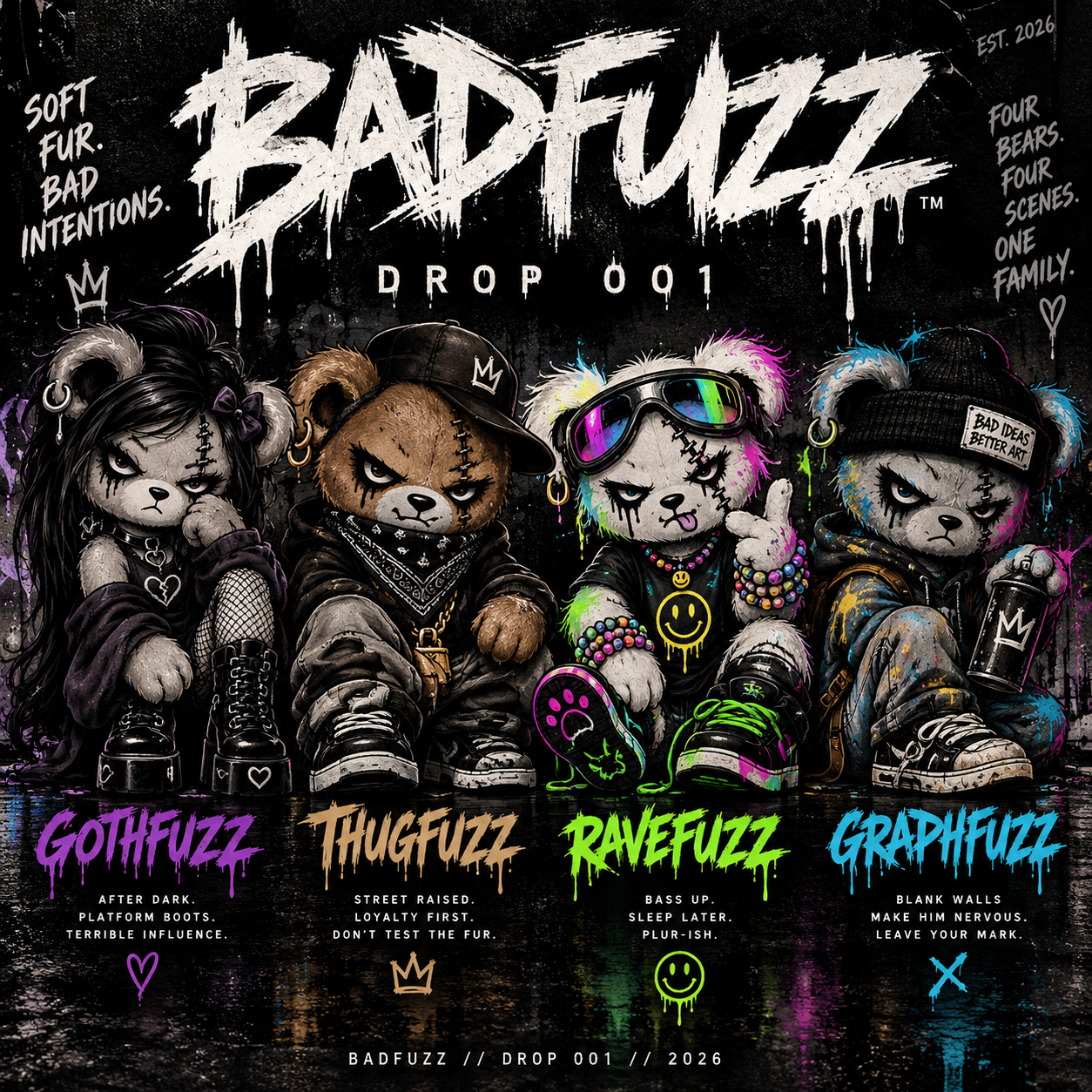 The original DROP 001 crew: GothFuzz, ThugFuzz, RaveFuzz and GraphFuzz, each shown as a complete seated bear in their signature outfits.