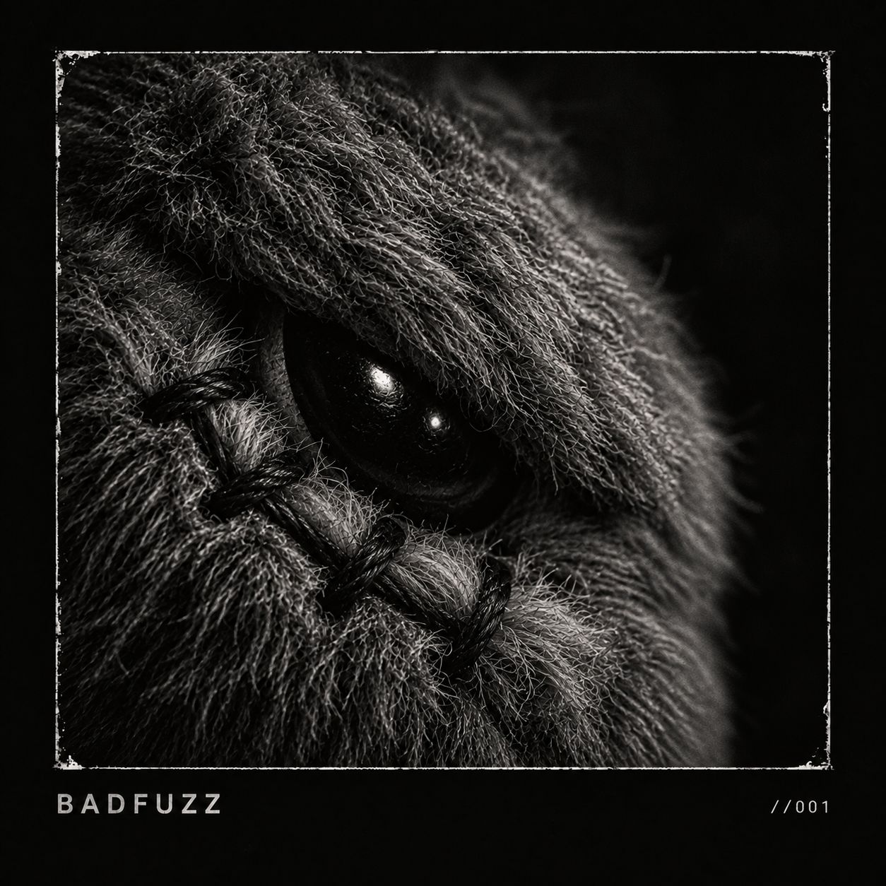 Extreme close-up of a glossy black bear eye set in plush fur, with thick repair stitches and a distressed monochrome frame.