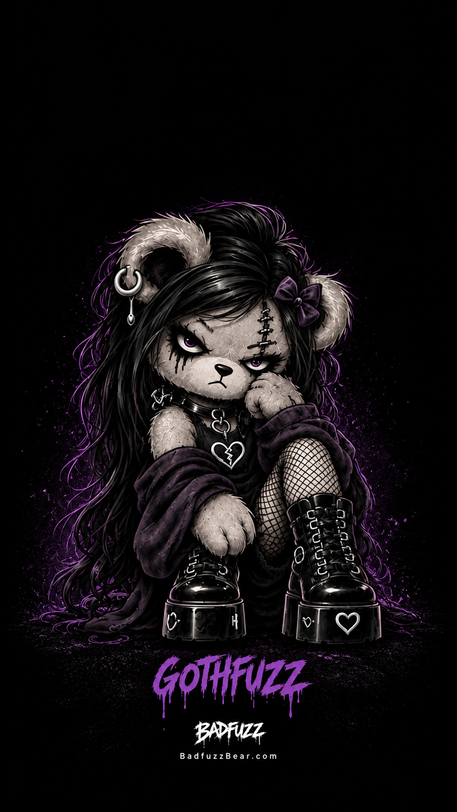GothFuzz, the complete seated gray bear with long black and purple hair, heart choker, fishnets and platform boots.